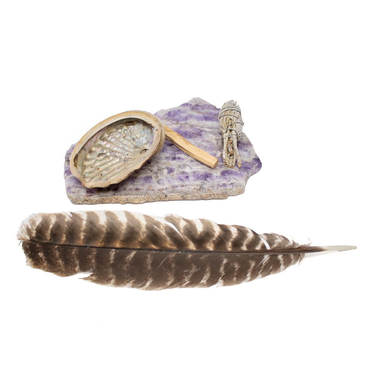 Aromatherapy Kit: Chevron Amethyst Platter with Abalone Shell & Palo Santo & White Sage Tulip & Feather