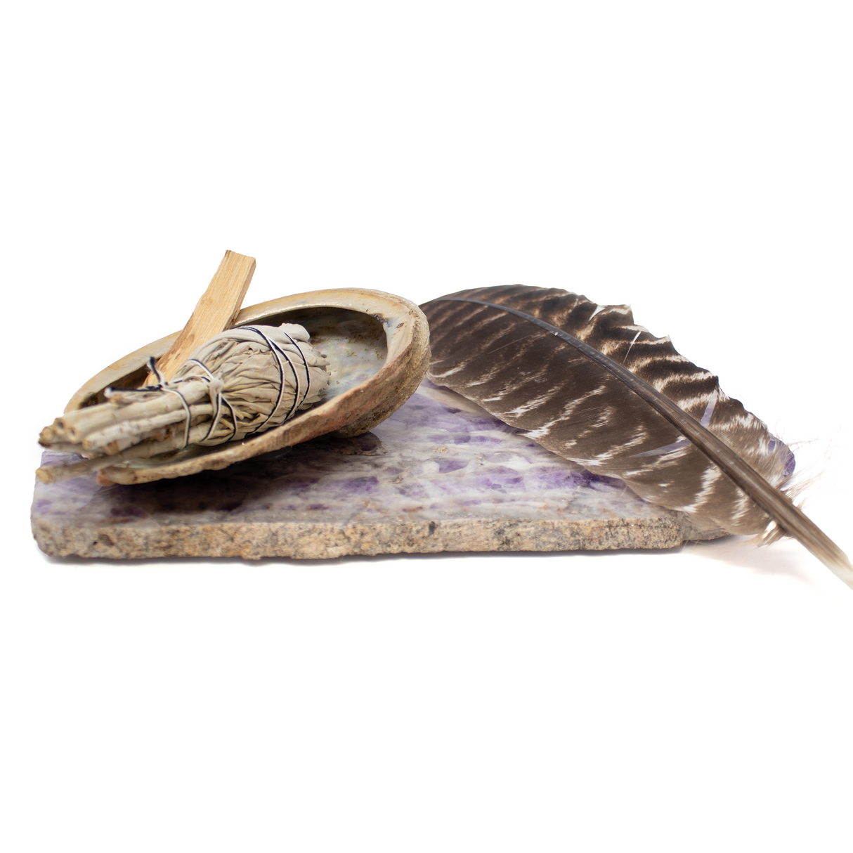 Aromatherapy Kit: Chevron Amethyst Platter with Abalone Shell & Palo Santo & White Sage Tulip & Feather