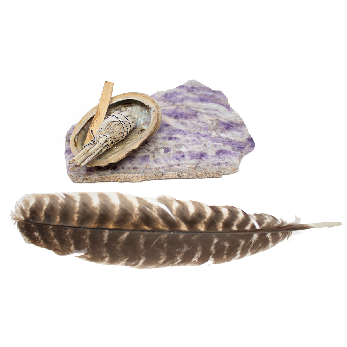 Aromatherapy Kit: Chevron Amethyst Platter with Abalone Shell & Palo Santo & White Sage Tulip & Feather
