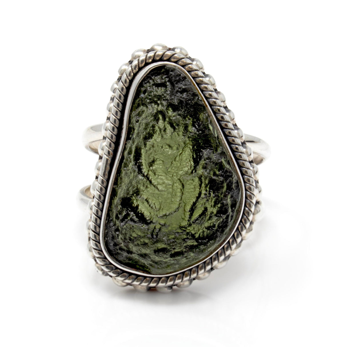 Moldavite Ring Size 10 - Freeform with Silver Rope and Beads Around Bezel Set on Double Band