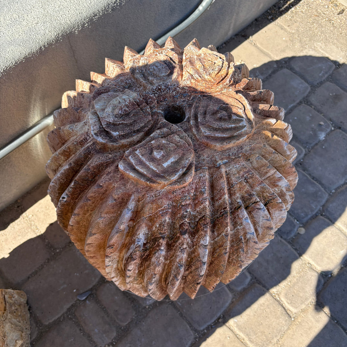 Red Carmel Travertine Barrel Cactus Carving Fountain - Large Sculpture of Trio