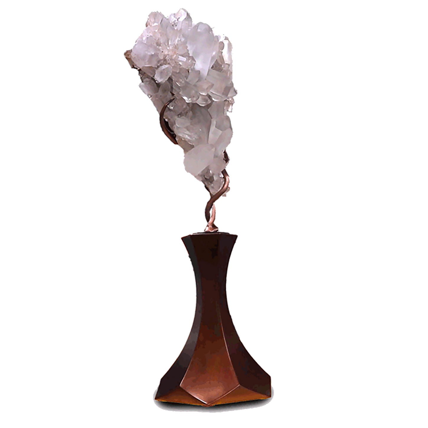 Brazilian Tourmalated Quartz Cluster with Citrine Druze Back on Custom Vine Rotating Hexagonal Tapered Base