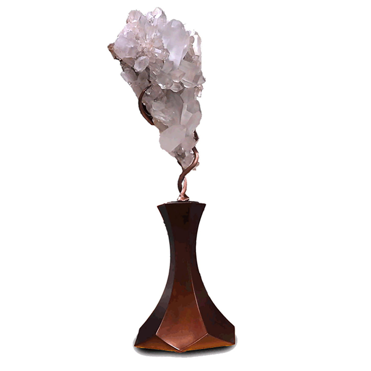 Brazilian Tourmalated Quartz Cluster with Citrine Druze Back on Custom Vine Rotating Hexagonal Tapered Base