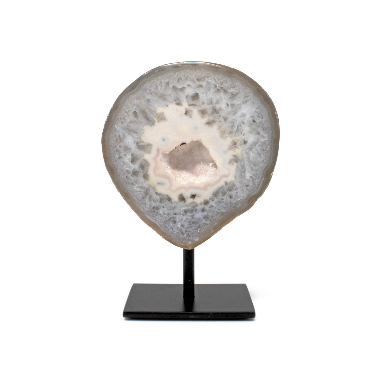 Druze Geode on Post Stand - Grayish Blue Quartz with White Druze Center