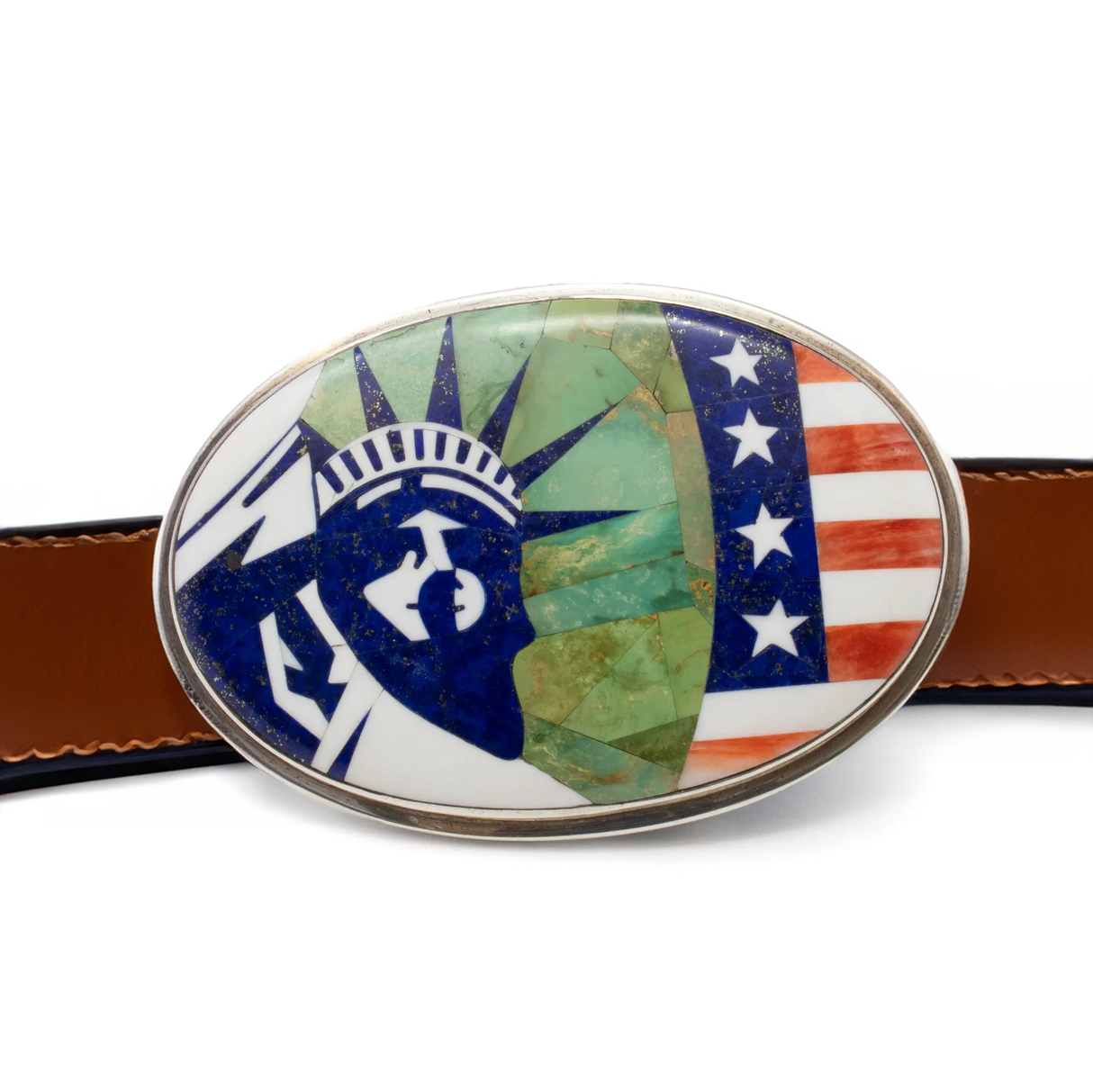 Micro Inlay Belt Buckle With -Oval With Statue Of Liberty And American Flag