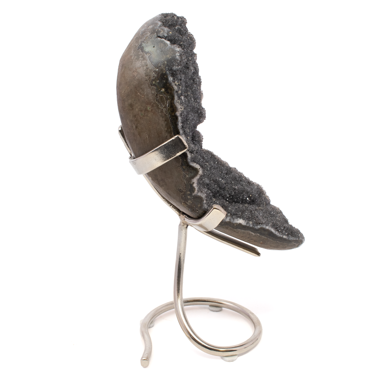 Druzy Specimen On Fitted Stand - Gray With Calcite Druze In Crescent Shape