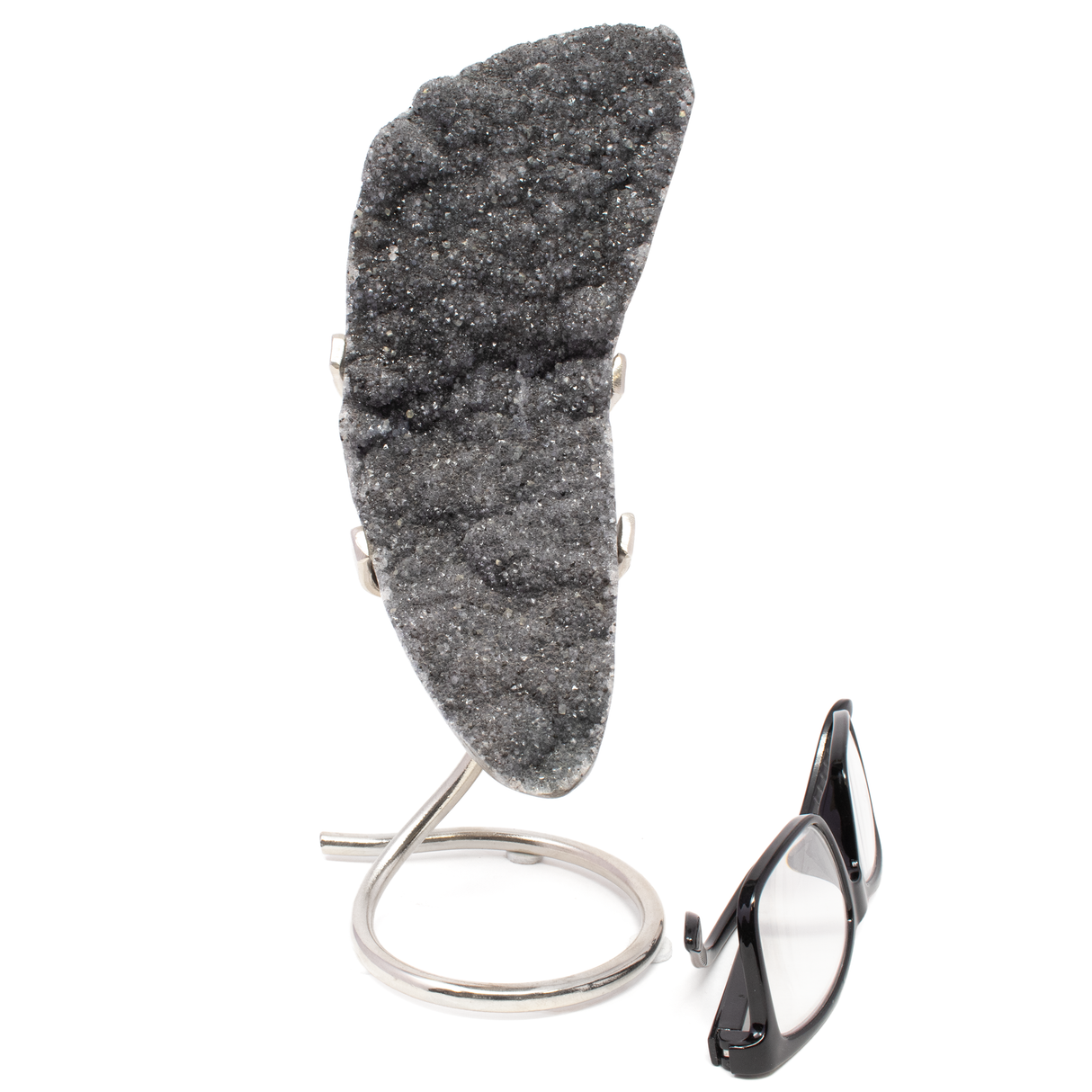 View of Druzy Specimen On Fitted Stand - Gray With Calcite Druze In Crescent Shape