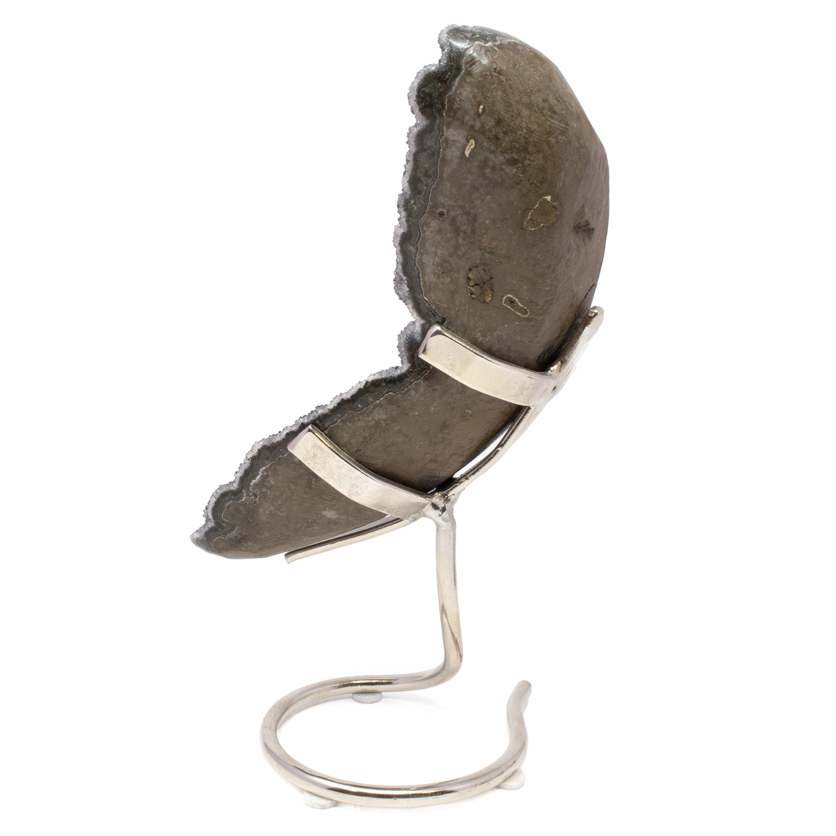 Druzy Specimen On Fitted Stand - Gray With Calcite Druze In Crescent Shape