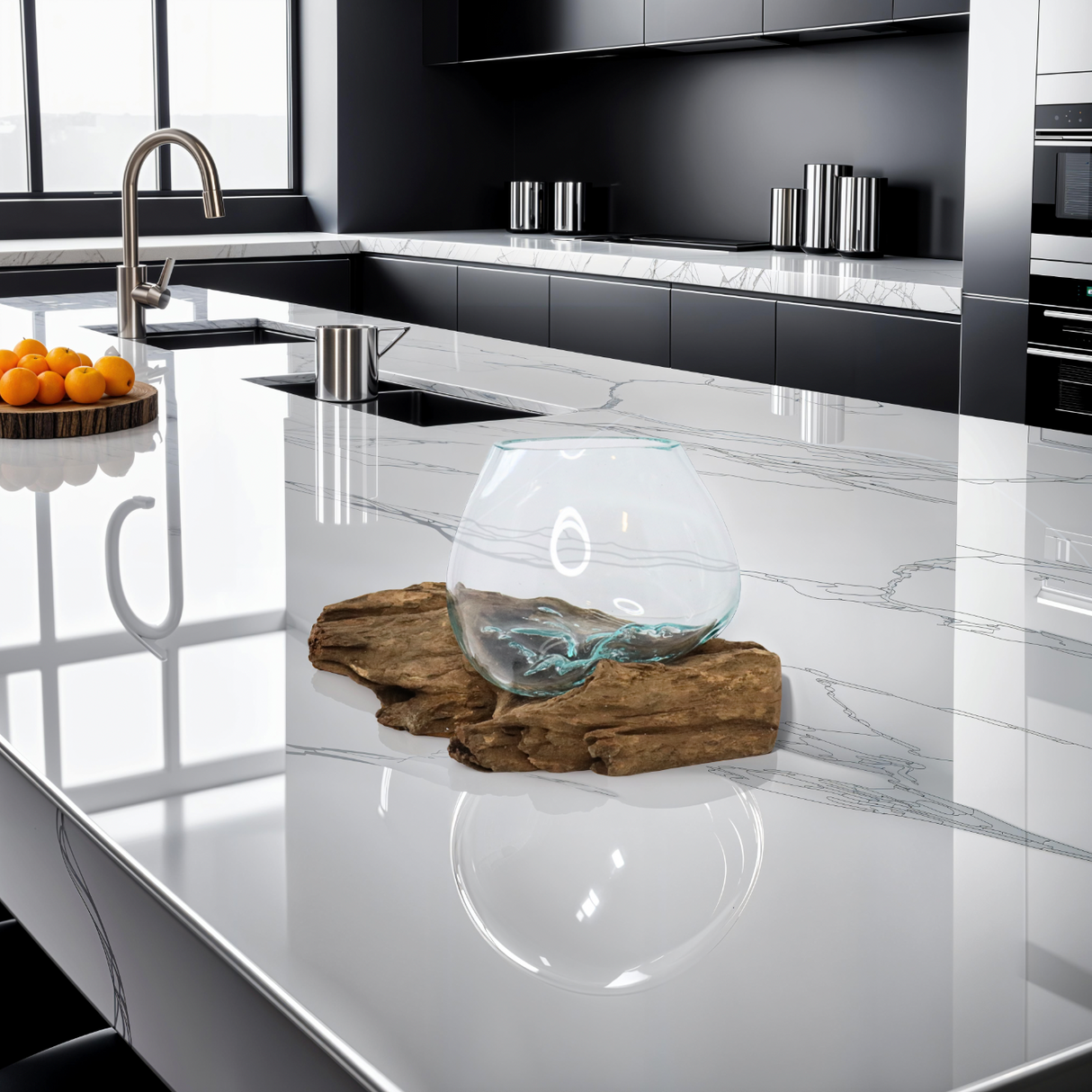 GamalFlow Melted Glass Bowl Over Wood Base