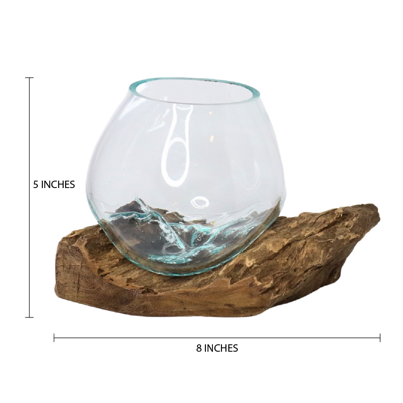 GamalFlow Melted Glass Bowl Over Wood Base