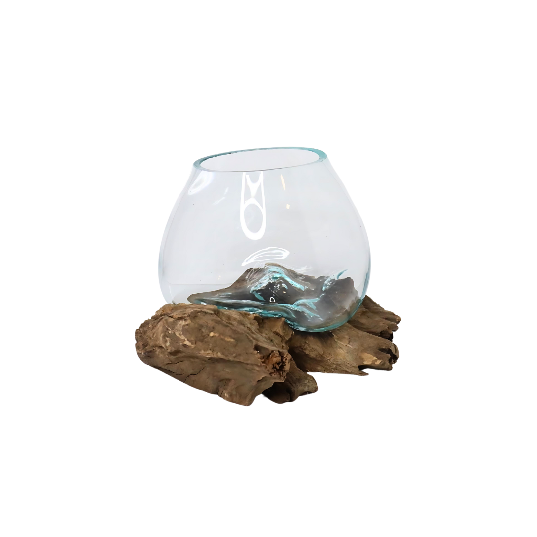 View of GamalFlow Melted Glass Bowl Over Wood Base