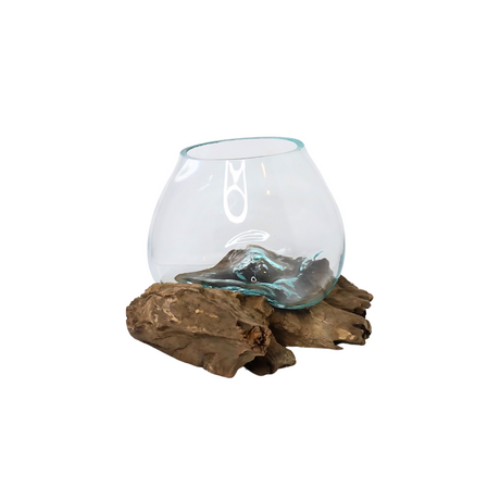 View of GamalFlow Melted Glass Bowl Over Wood Base