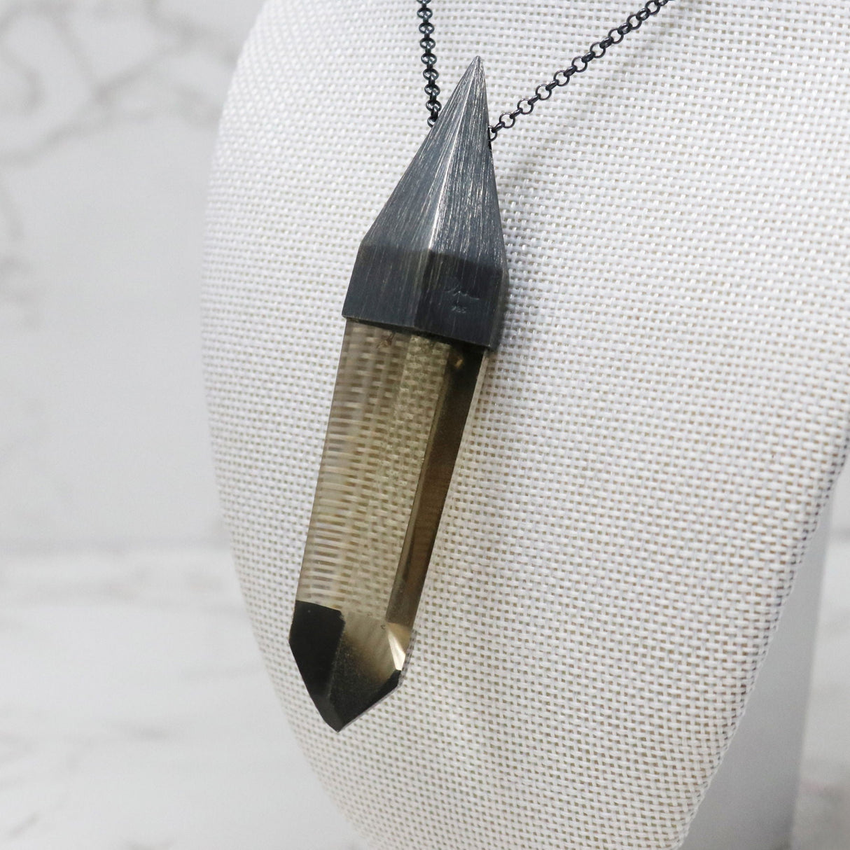 Smoky Quartz Pendant with Chain - A+ Quality Point with Brushed Rhodium Plated Finish