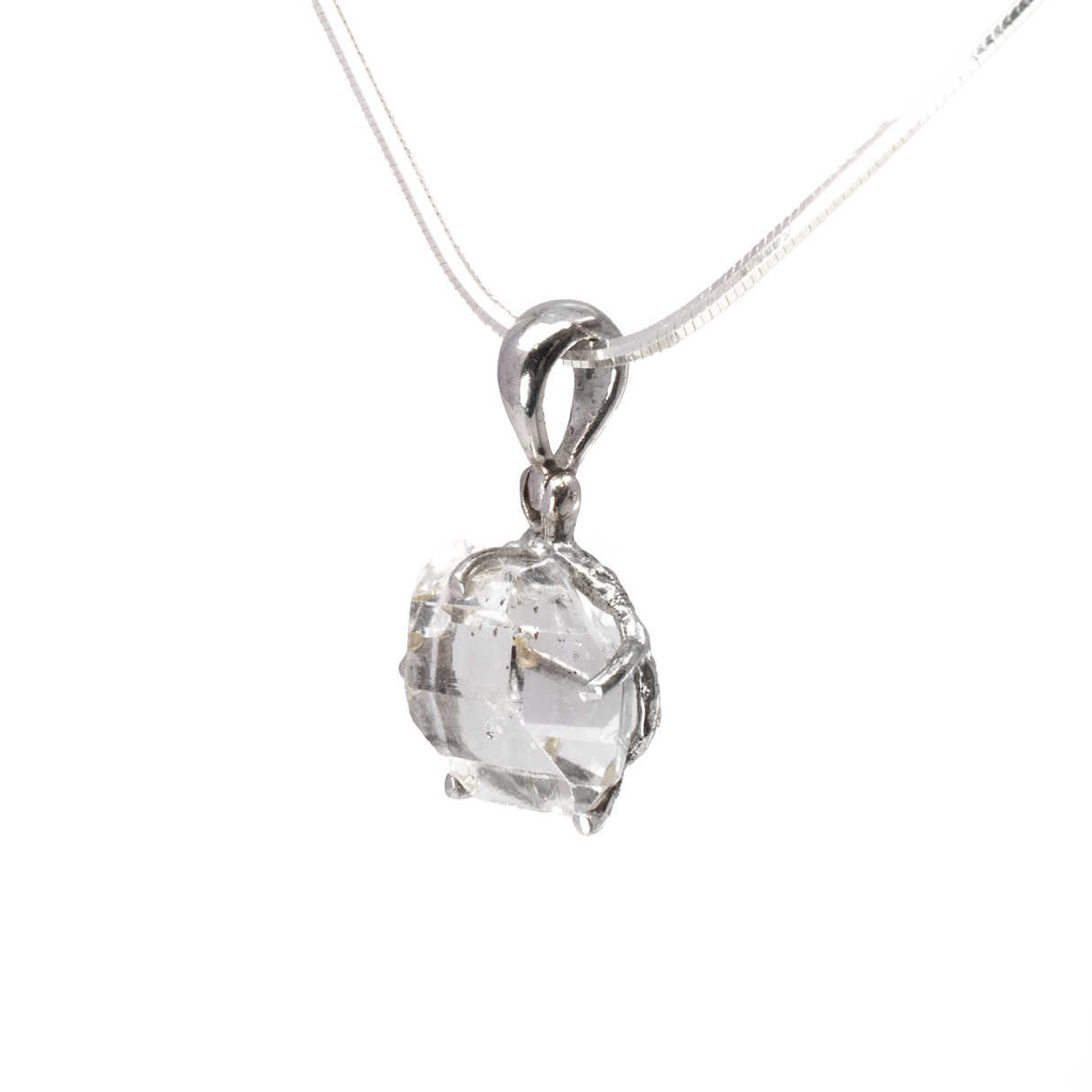 Herkimer Diamond Pendant - Faceted Prong Set Freeform With Hammered Bezel - Rhodium Plated