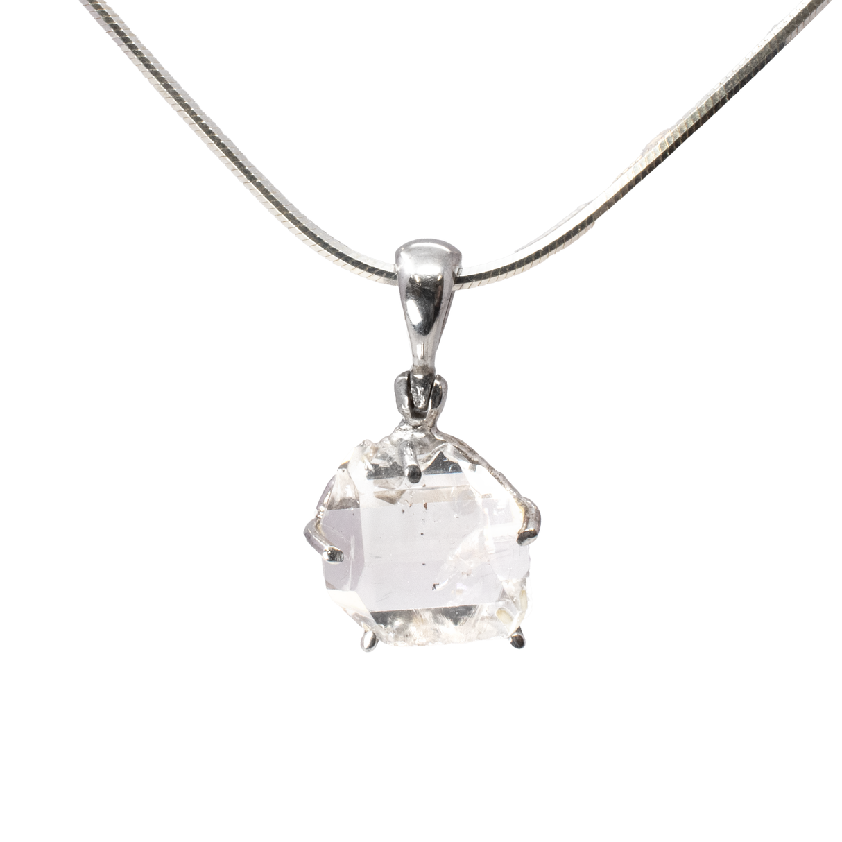 View of Herkimer Diamond Pendant - Faceted Prong Set Freeform With Hammered Bezel - Rhodium Plated
