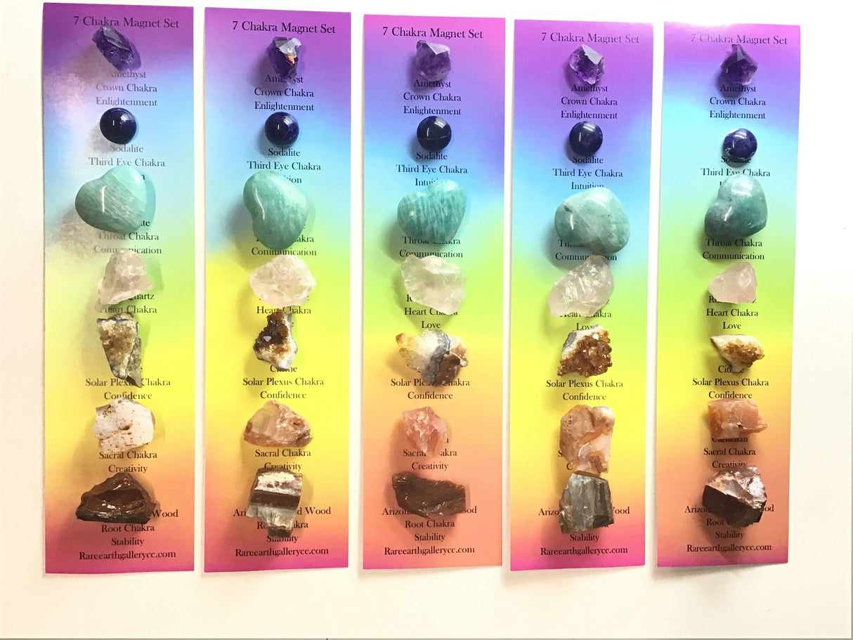Lot de 7 aimants chakras – Lot de 4 avec cristal d'améthyste, cabochon de sodalite, cœur d'amazonite, quartz rose brut du Brésil, grappe de cristaux de citrine, cornaline brute et bois pétrifié d'Arizona