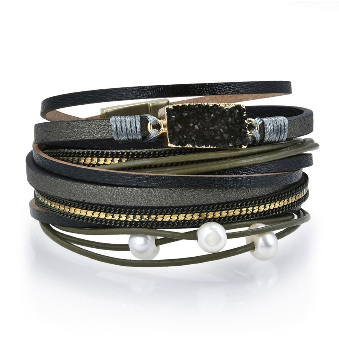 Olive Druze Multi Wrap Bracelet Double with Magnetic Clasp