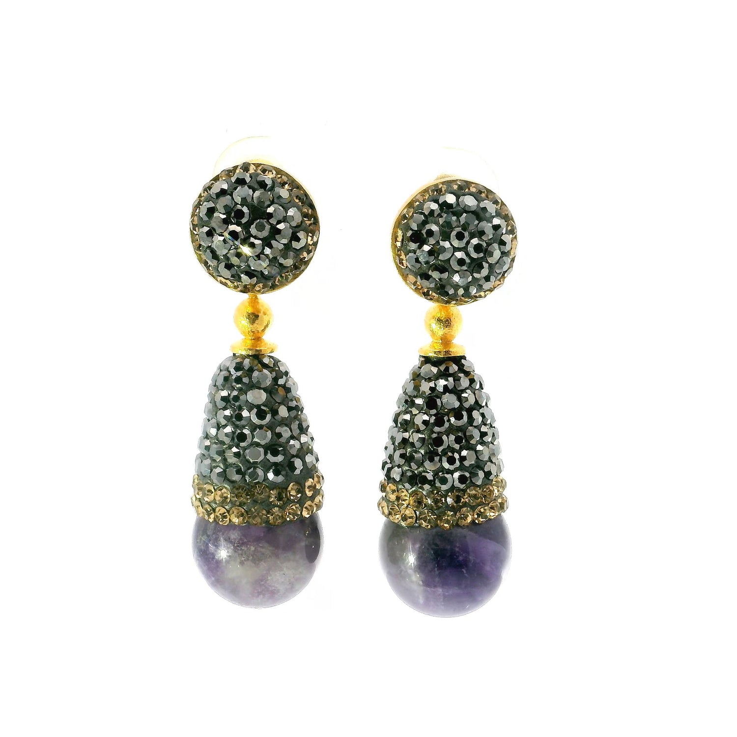 Amethyst Dangle Earrings - Amethyst Sphere Below Reverse Cone of Marcasite & Gold Swarovski Crystals with Gold Vermeil over 925 Sterling Silver