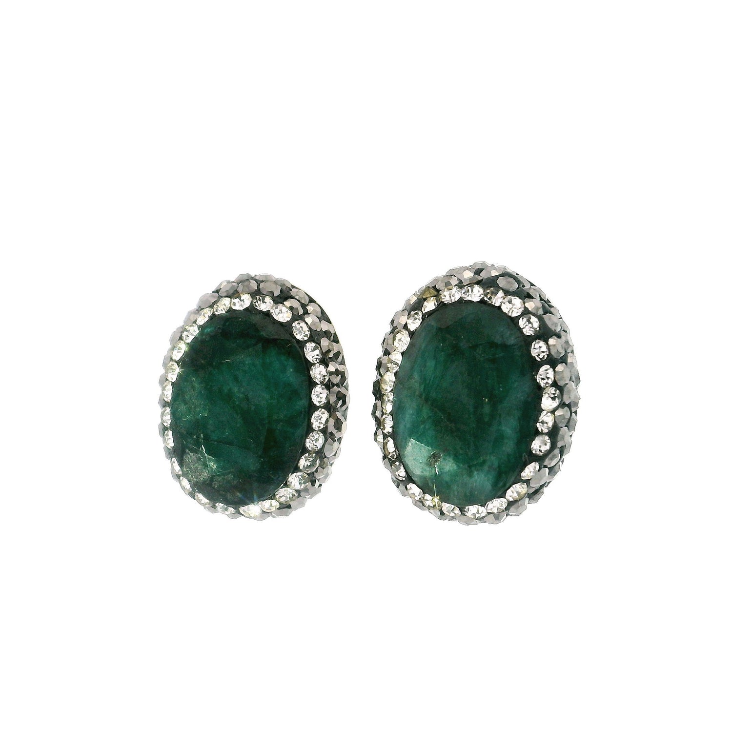 Emerald Stud Earrings - Faceted Oval with Marcasite & Silver Swarovski Crystals in 925 Sterling Silver