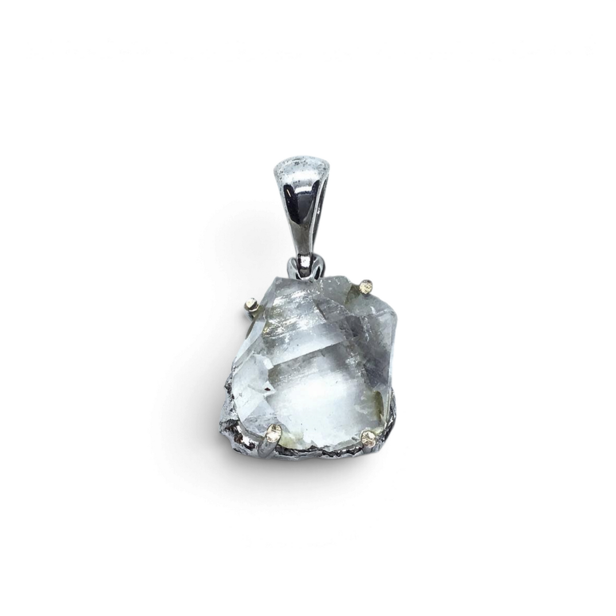 Rare Earth Gallery quartz crystal pendant featuring an organic raw crystal specimen in a stamped silver prong setting