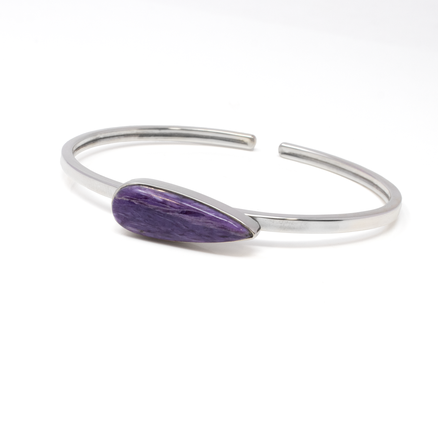 View of Charoite Twist Bracelet - Simple Narrow Pear Cabochon with Silver Bezel