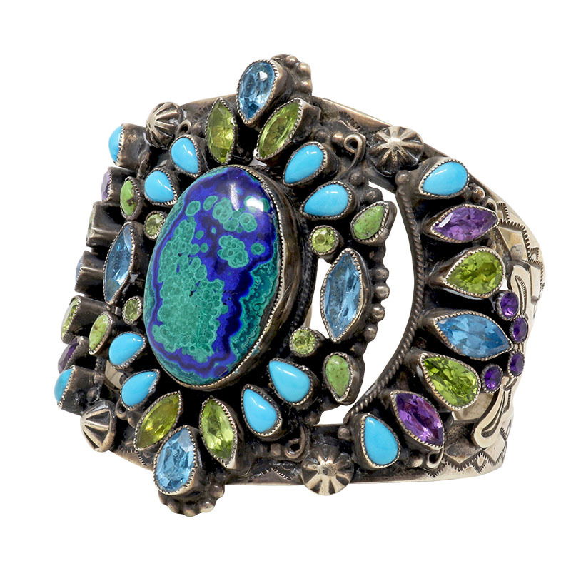 Leo Feeney Botryoidal Malachite-Azurite Cuff Bracelet with Sleeping Beauty Turquoise, Peridot, Blue Topaz, Green Turquoise & Amethyst