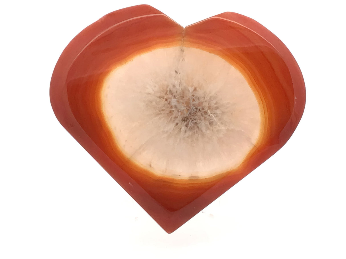 Sardonyx Carnelian Agate Heart Flat with Druze on Lucite Stand - Orange Banded Outer Edge with Quartz Eye in Center & Quartz Pocket with Black Inclusions