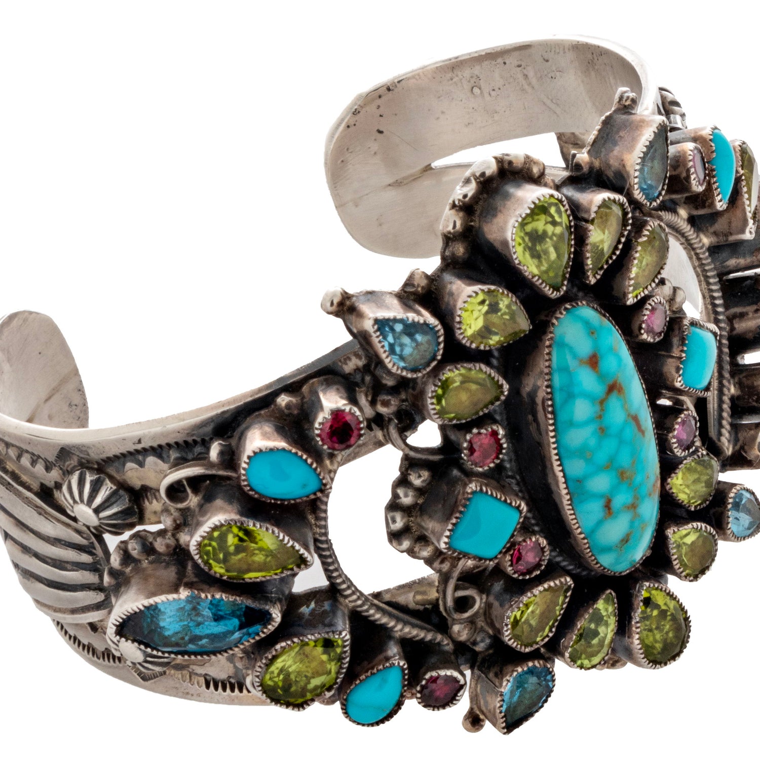View of Leo Feeney Kingman Turquoise Cuff With Peridot, Blue Topaz & Pink Tourmaline