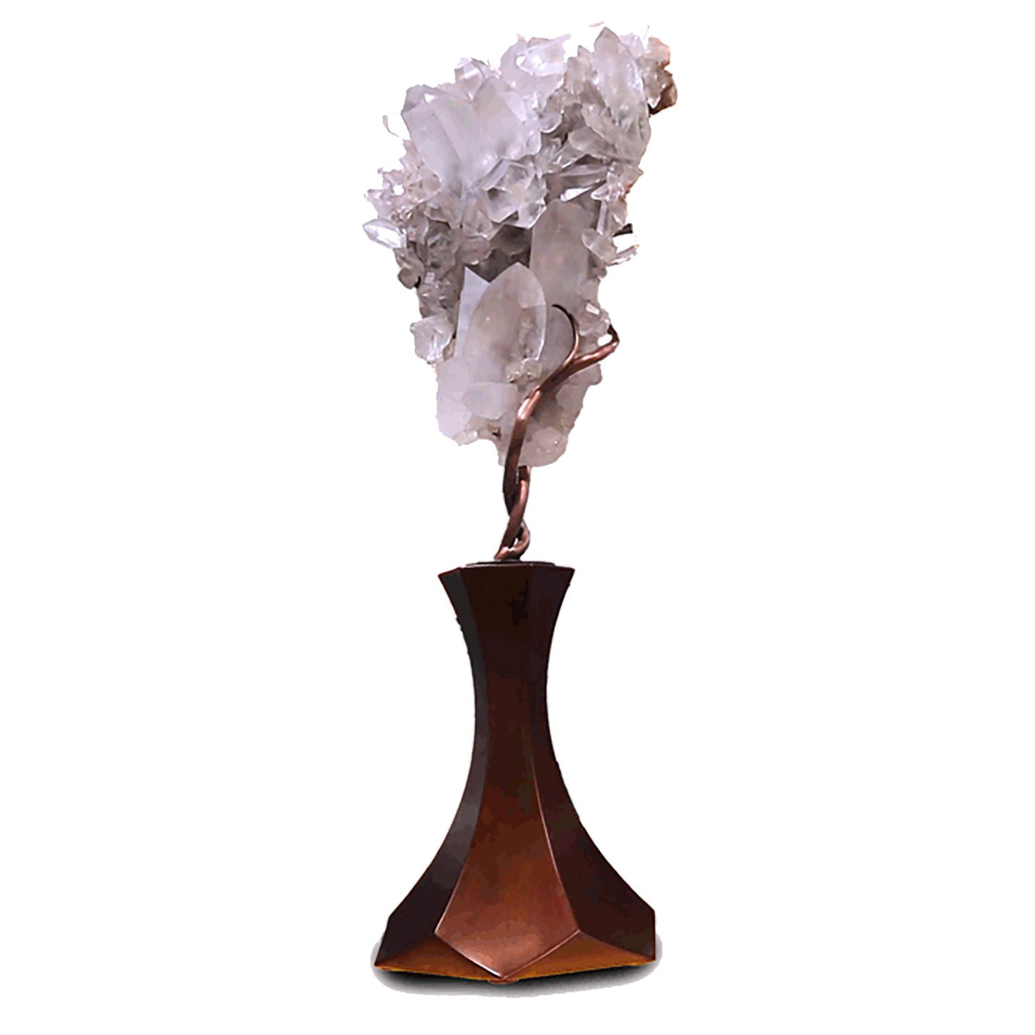 Brazilian Tourmalated Quartz Cluster with Citrine Druze Back on Custom Vine Rotating Hexagonal Tapered Base