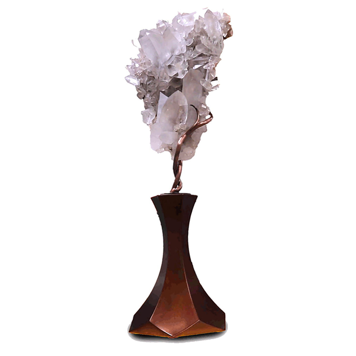 Brazilian Tourmalated Quartz Cluster with Citrine Druze Back on Custom Vine Rotating Hexagonal Tapered Base