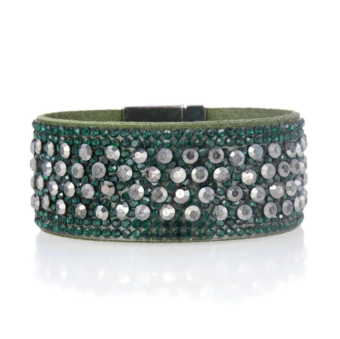 Narrow Swarovaki Crystal Wrap Bracelet - Gray & Green Rounds with Magnetic Clasp