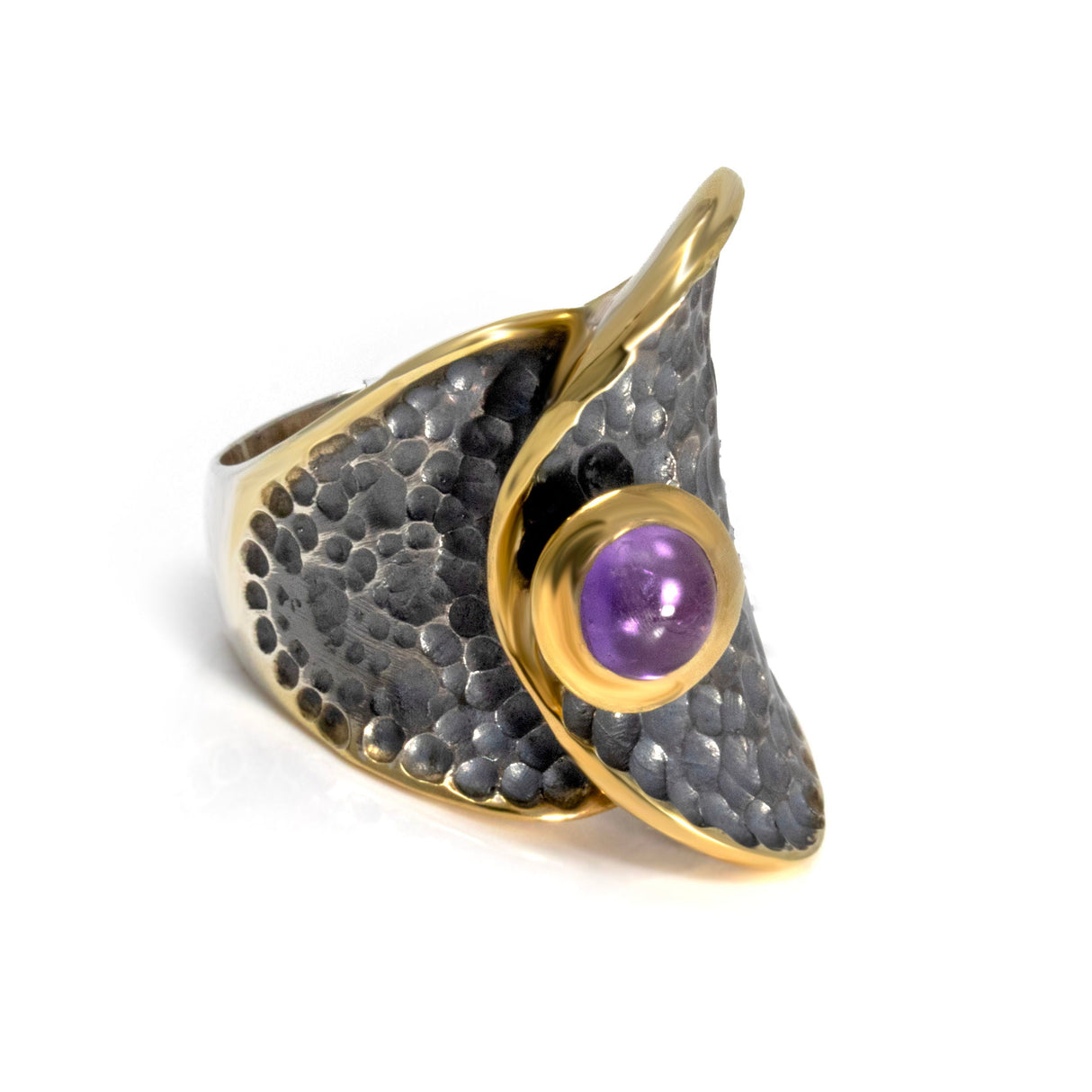 Amethyst Ring - Round Cabochon with Gold Vermeil Bezel Set on Hammered Oxidized Band with "Falling Leaf" Folded Design - Gold Vermeil Size 8