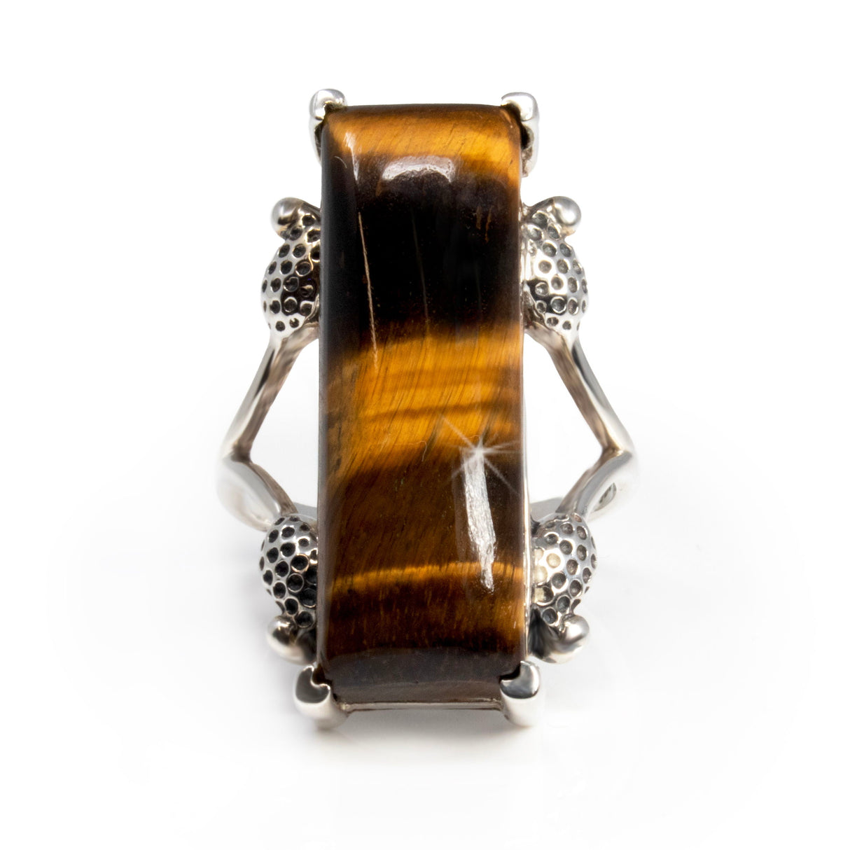 Tigers Eye Ring - Elongated Rectangle Cabochon Prong Set on Open Silver Band with Strawberries Sz10