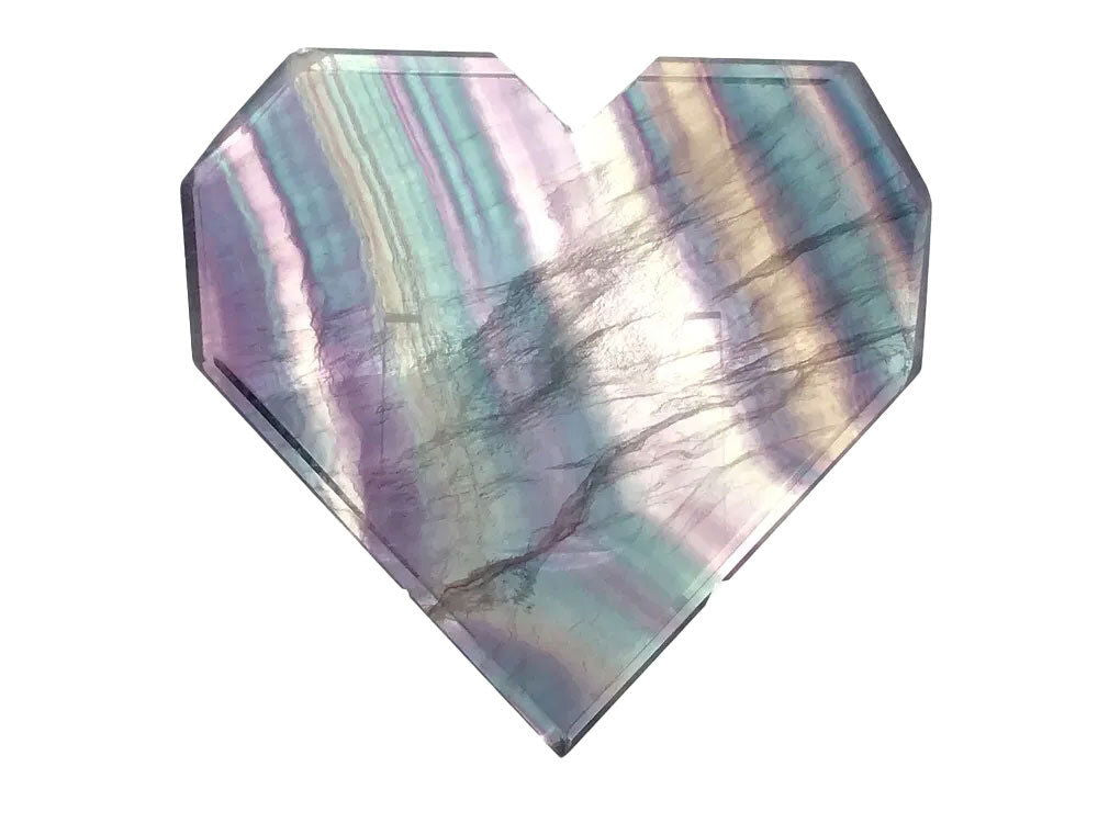 Rainbow Fluorite Heart - Flat with Faceted Faces on Lucite Stand (Thin Diagonal Banding of Purple & Green & Yellow)