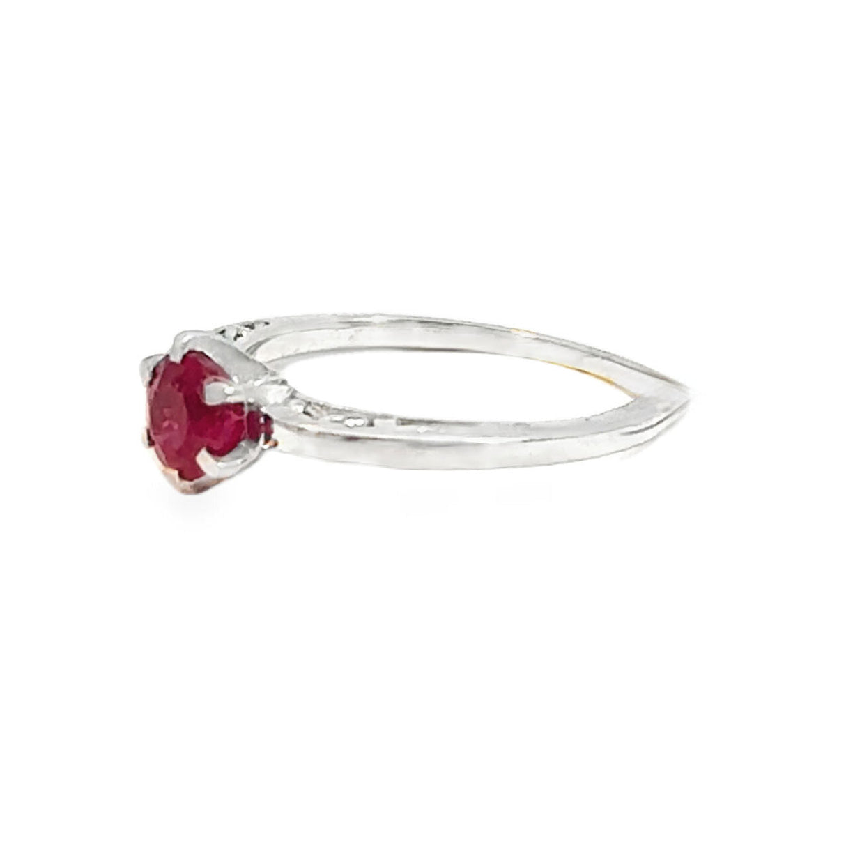 Ruby Ring - Faceted Round Prong Set on 925 Sterling Silver Band with Cutout Filigree sz5