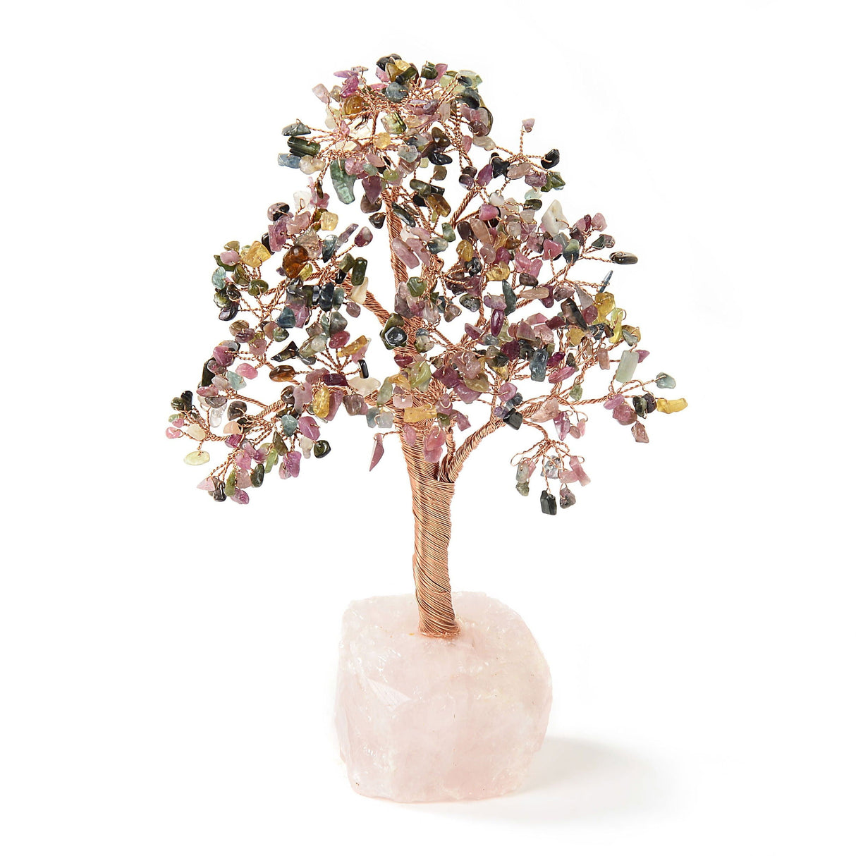 Multi Tourmaline Copper Wire Beaded Tree of Life on Rose Quartz Base