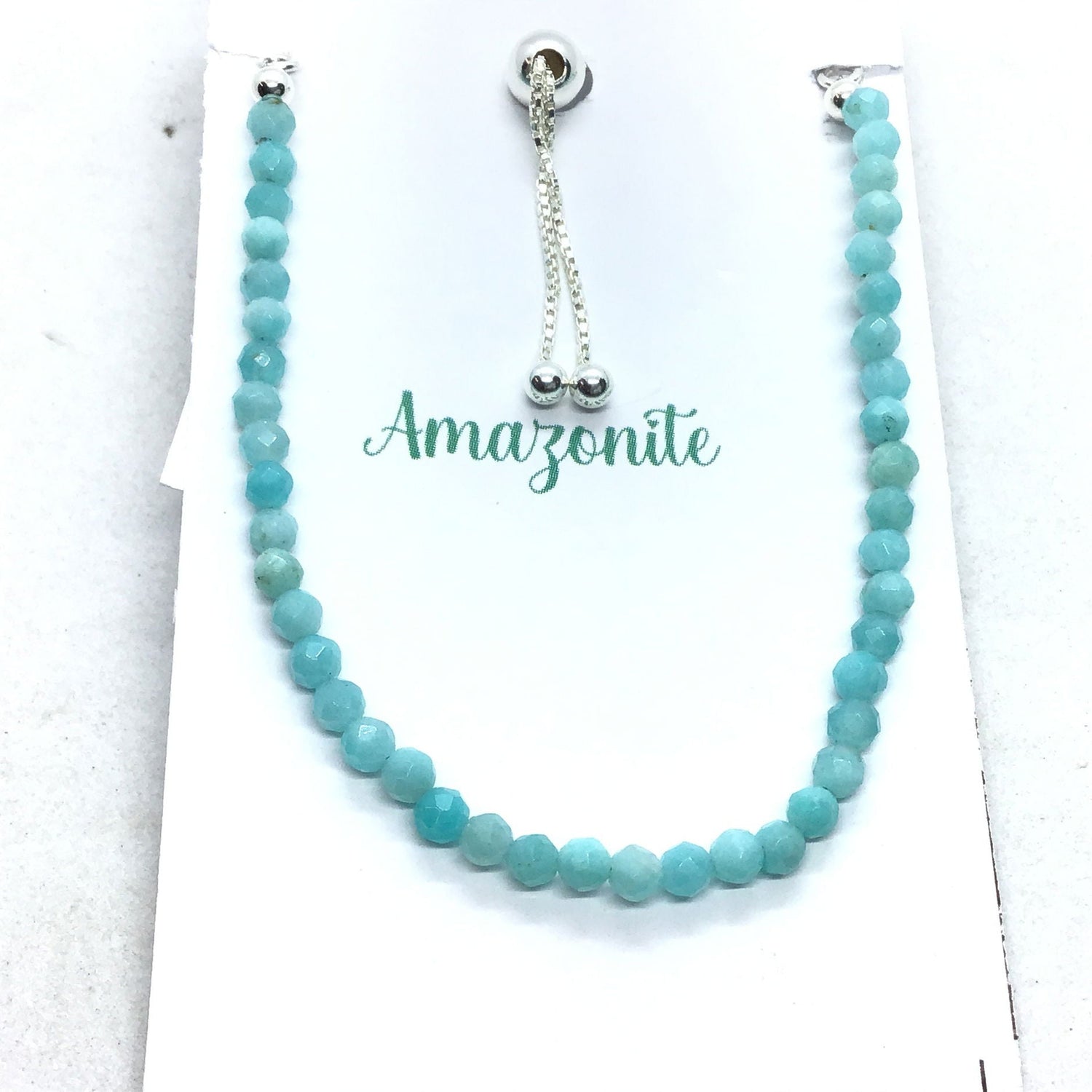 Amazonite Beaded Bracelet - Faceted Round Beads with 925 Sterling Silver Adjustable Ball & Chain