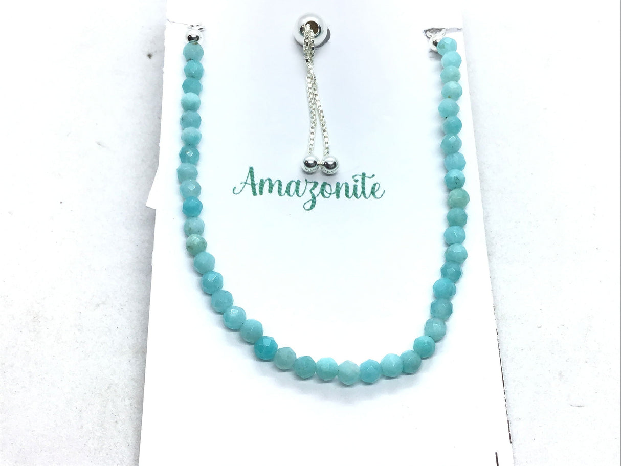 Amazonite Beaded Bracelet - Faceted Round Beads with 925 Sterling Silver Adjustable Ball & Chain