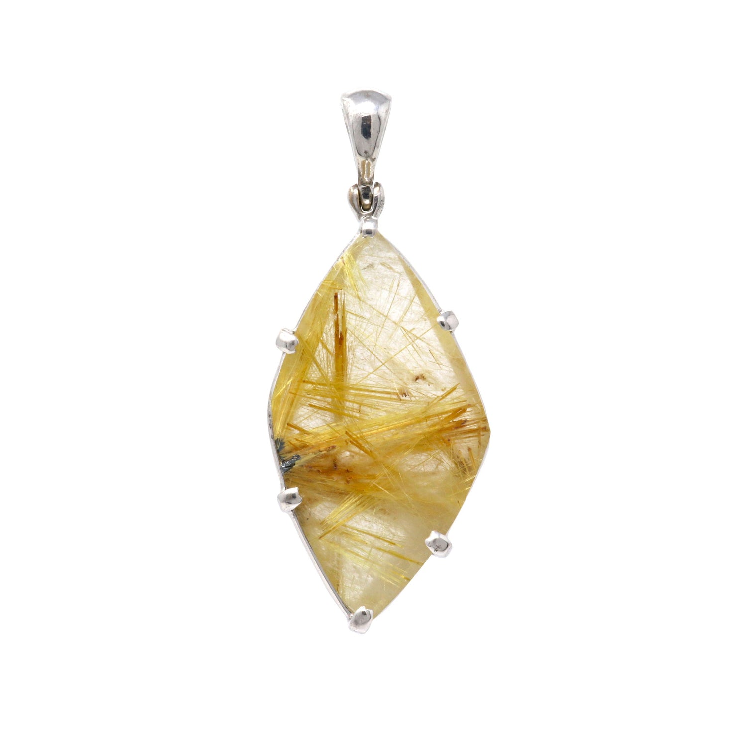 A+ Quality Golden Rutile Pendant - Sharp Oval with Rhodium Plating