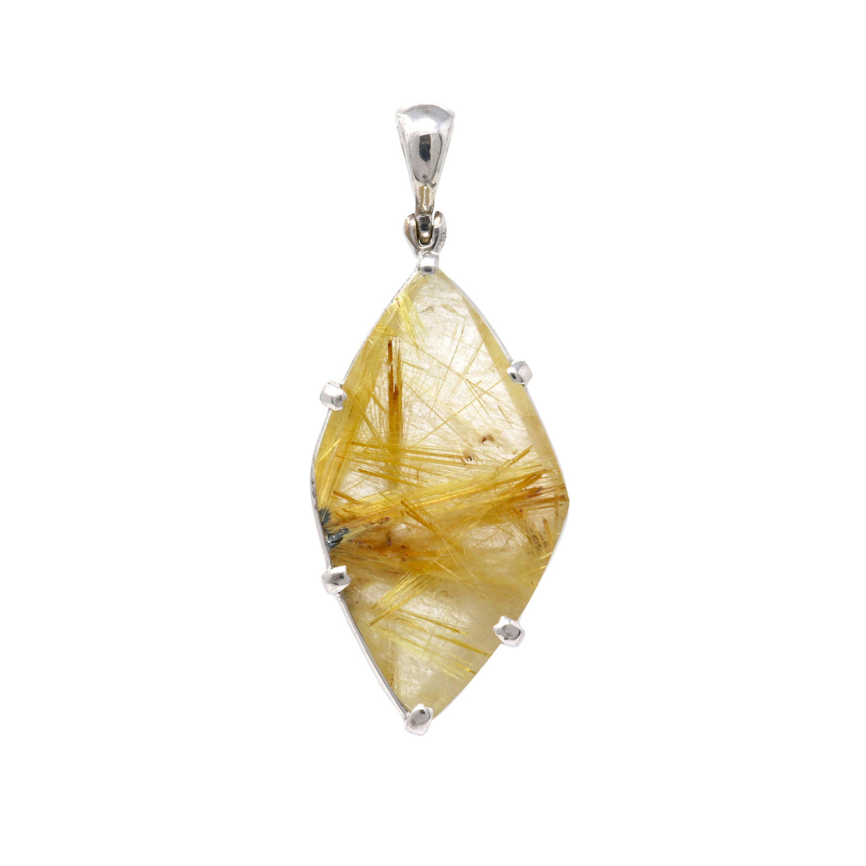 A+ Quality Golden Rutile Pendant - Sharp Oval with Rhodium Plating