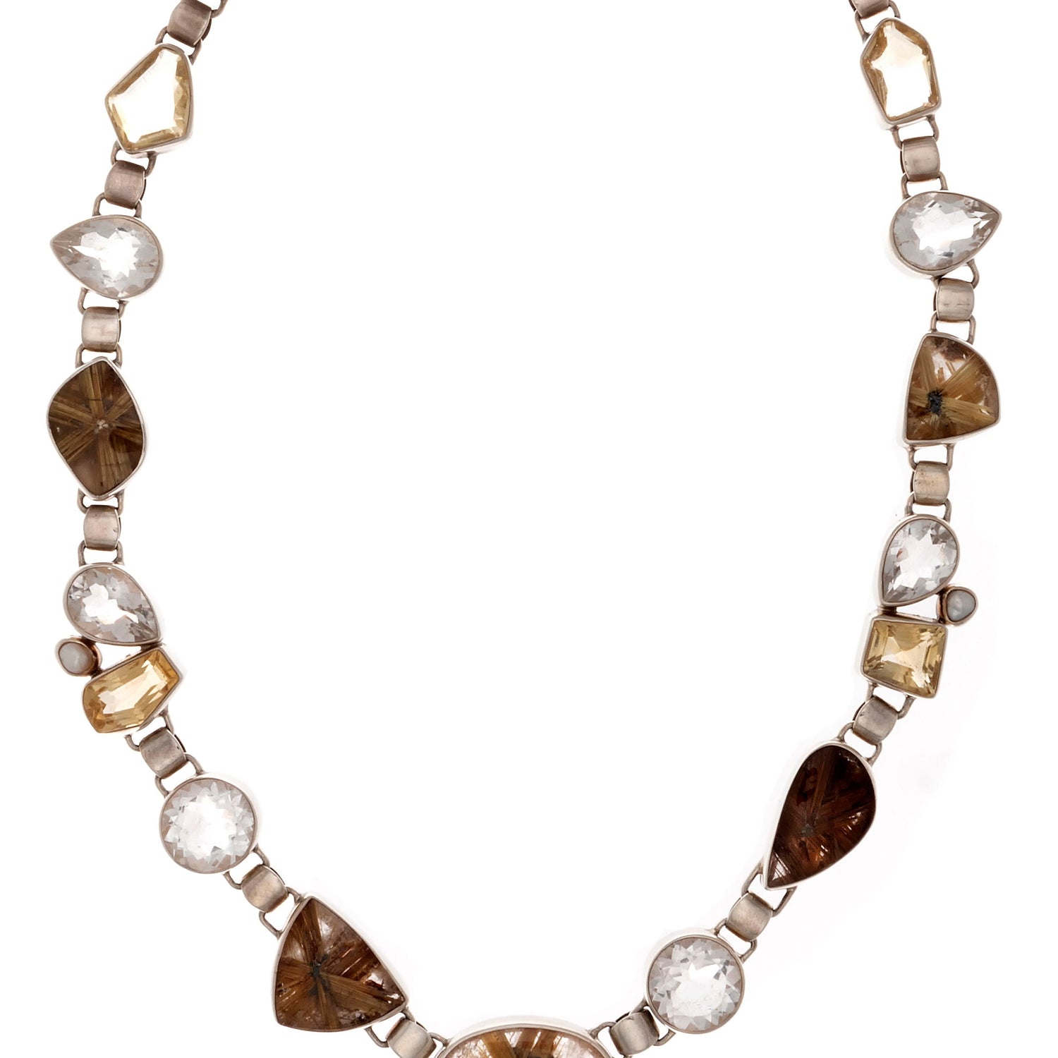 A+ Golden Rutile Quartz Necklace with Bezel Set Faceted Quartz & Freshwater Pearl - Toggle Clasp in 925 Sterling Silver