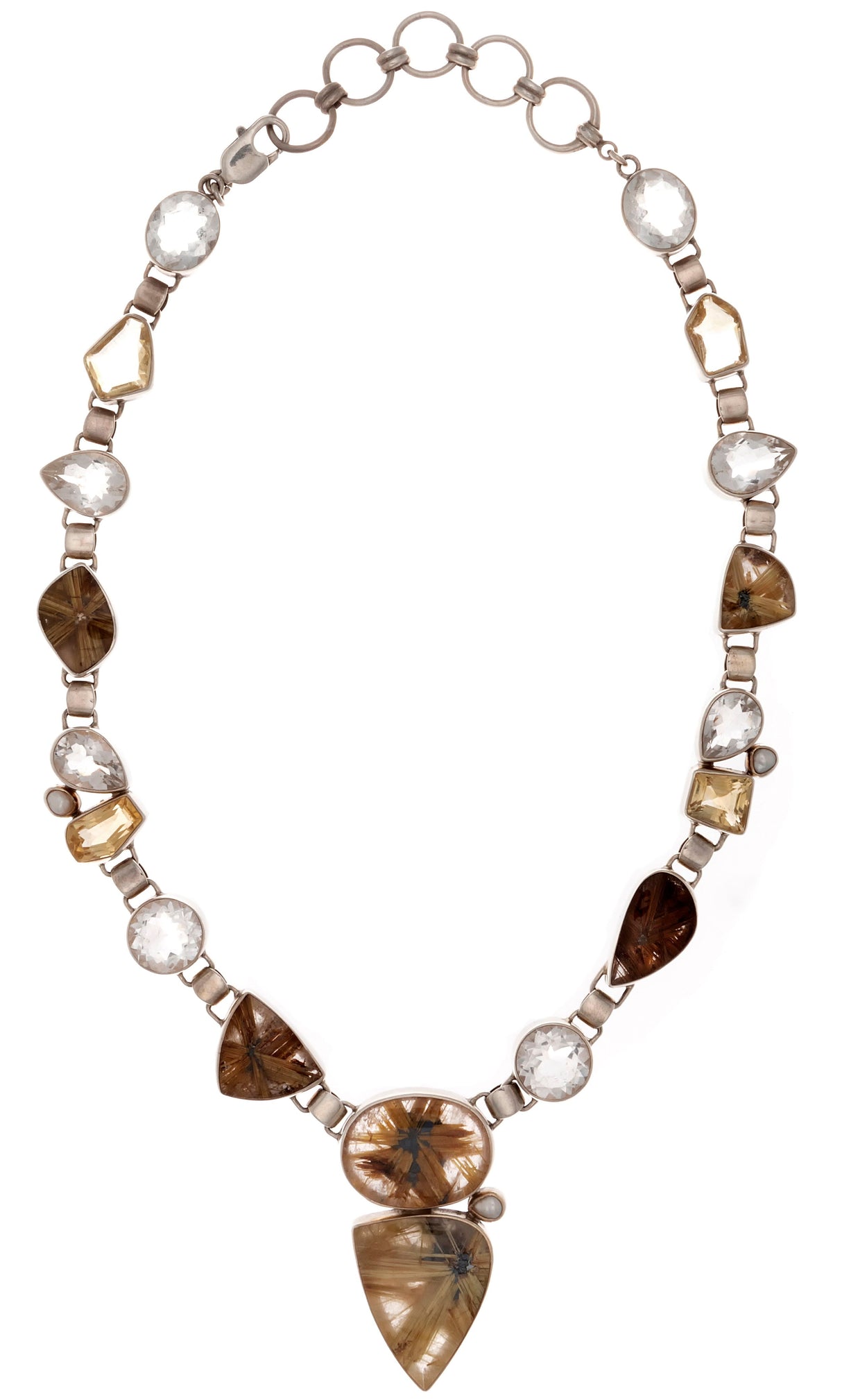 A+ Golden Rutile Quartz Necklace with Bezel Set Faceted Quartz & Freshwater Pearl - Toggle Clasp in 925 Sterling Silver