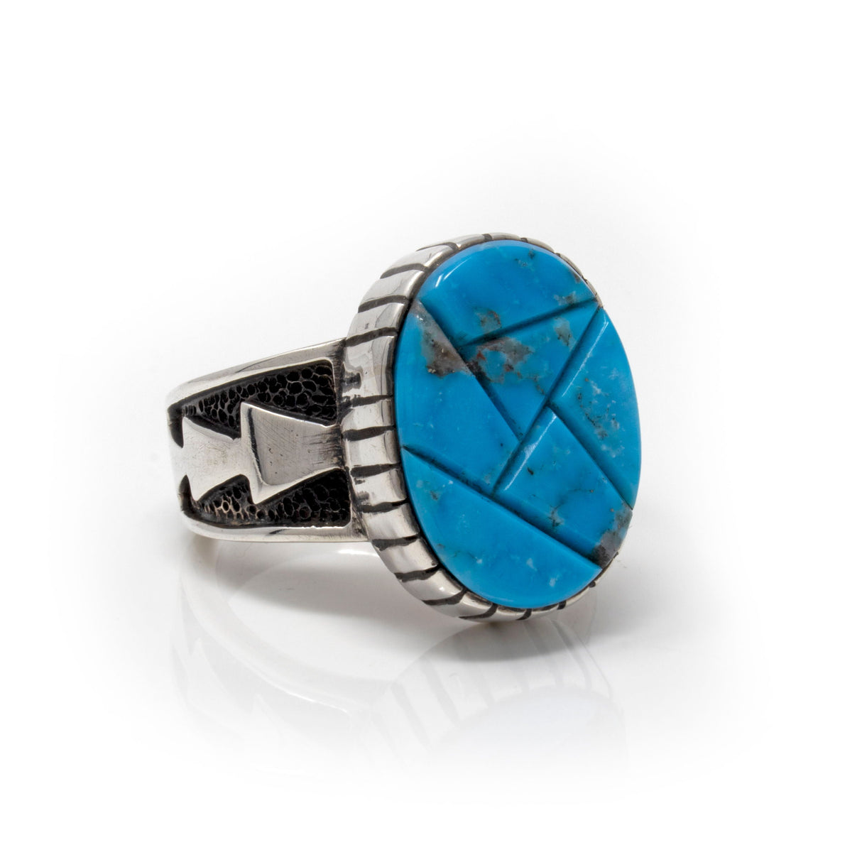 Kingman Az Turquoise Popcorn Inlay Ring Size 11 - Oval with Deep Edge and Oxidized Arrows on Band