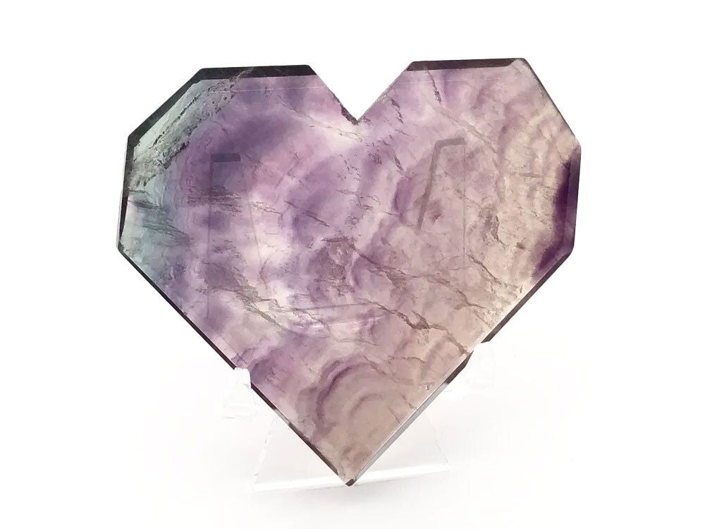 Rainbow Fluorite Heart - Flat with Faceted Faces on Lucite Stand (Purple Clouds with Small Green Section)