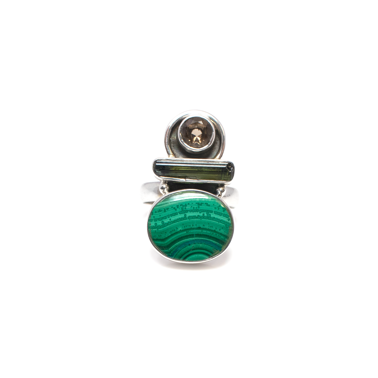 View of Malachite Ring - Oval With Green Tourmaline & Smoky Quartz Sz7