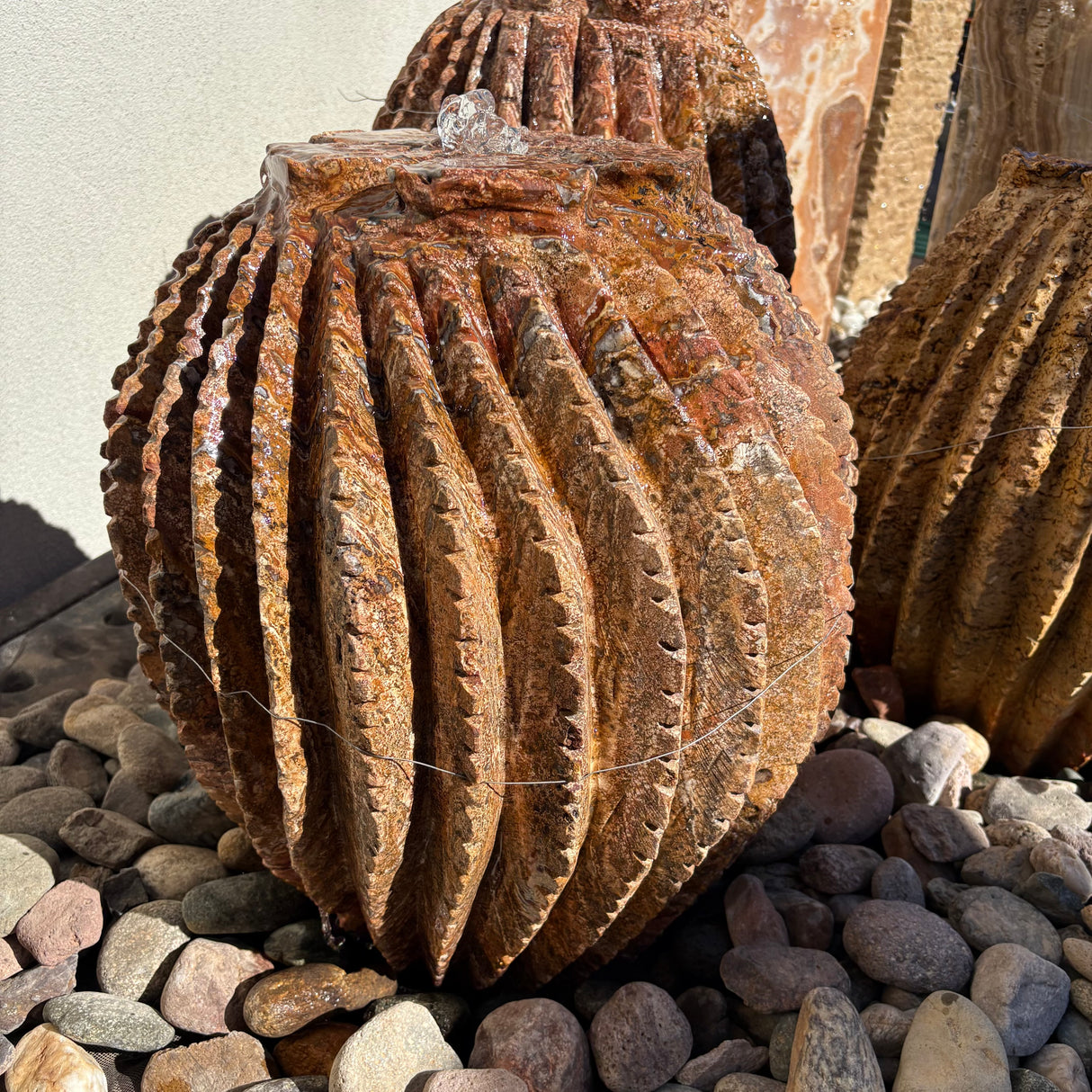 Red Travertine Barrel Cactus Carving Fountain
