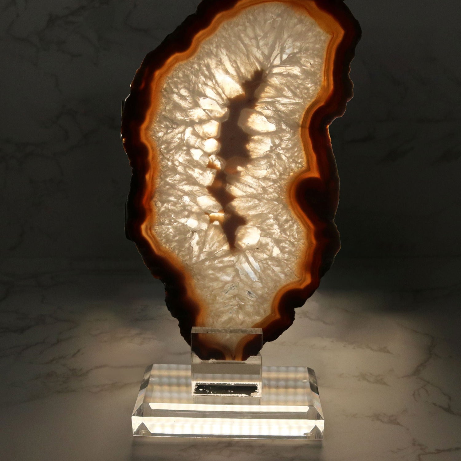 Agate Slice on Screw Stand - Carnelian Exterior Band & Quartz with Off-White Center & Double-Sided Polish