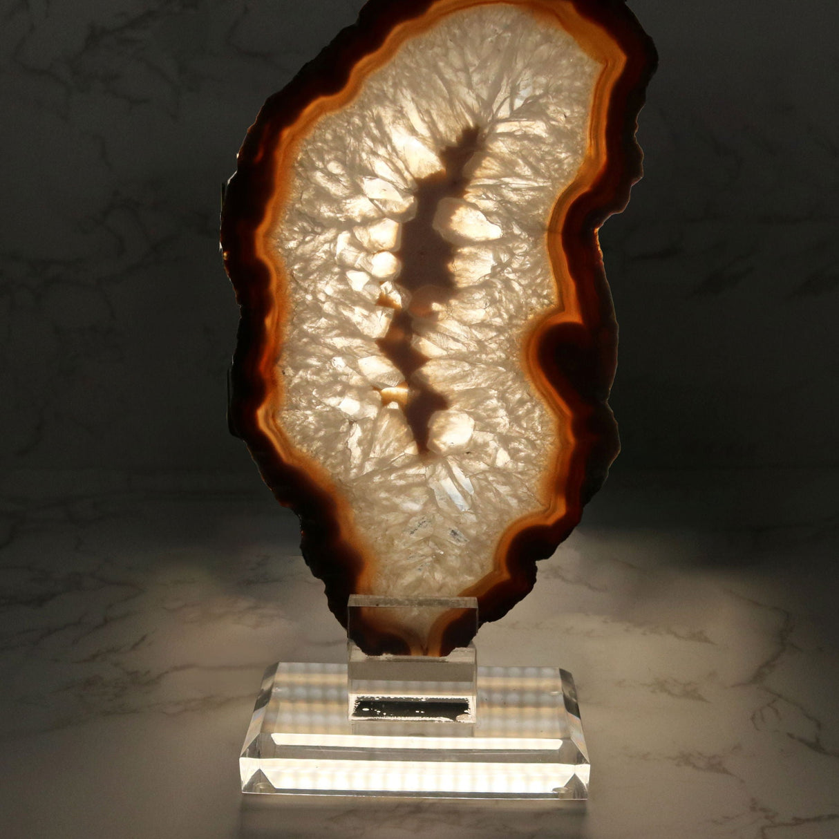 Agate Slice on Screw Stand - Carnelian Exterior Band & Quartz with Off-White Center & Double-Sided Polish