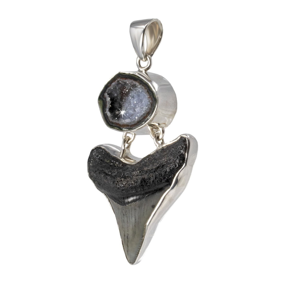 Megalodon Shark Tooth Pendant with Geode - Bezel Set