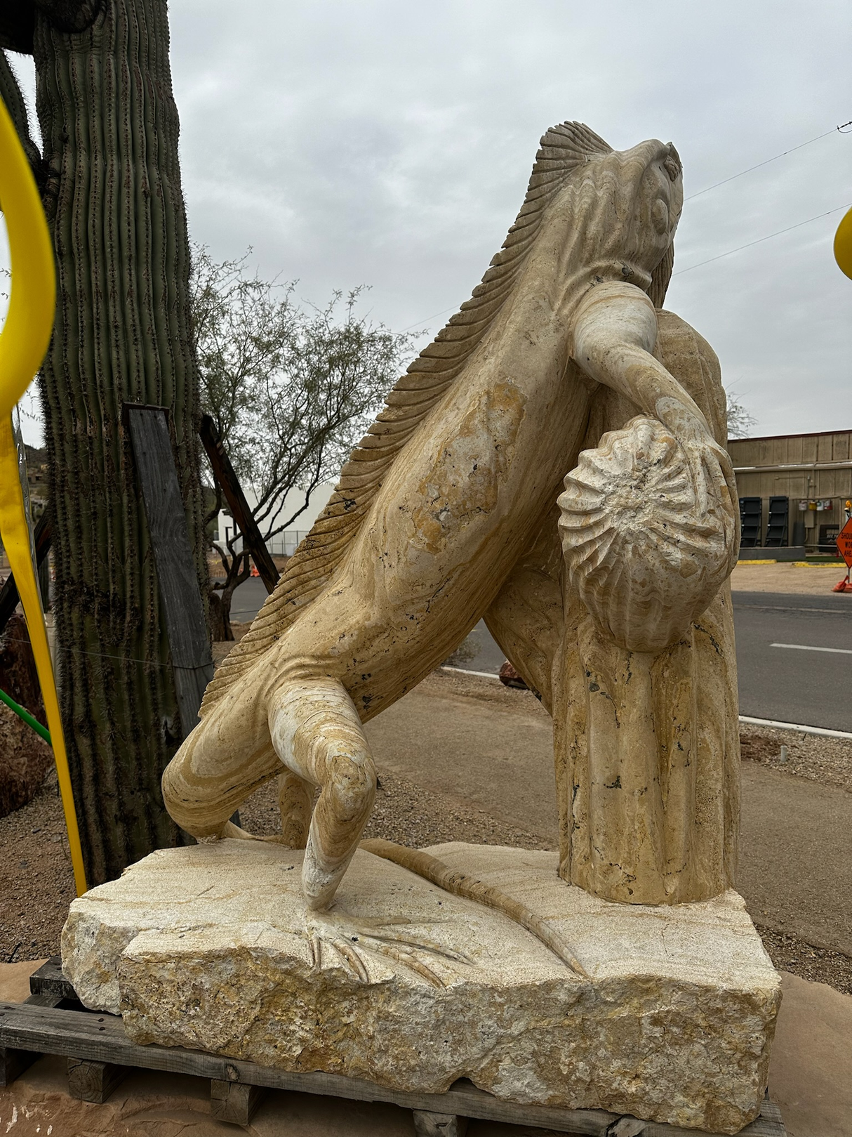 Travertine Iguana On Cactus Carving - Large